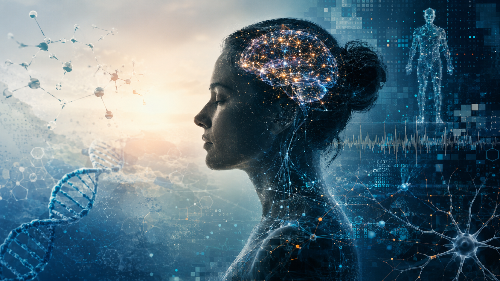 Editorial illustration for Nicole Junkermann’s essay “The New Inner Space”, exploring artificial intelligence, life sciences, neuroscience and the future of human health technology.