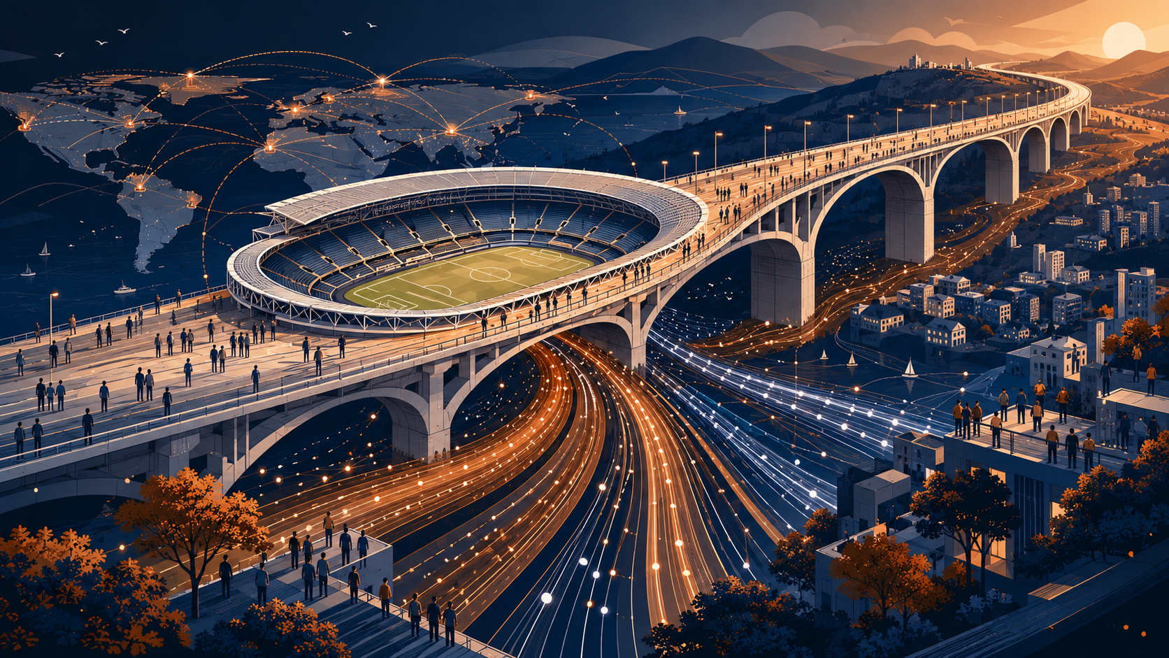 Editorial illustration showing a football stadium integrated into a bridge and infrastructure network, symbolising long-term sports investment, fan ownership and platform economics.