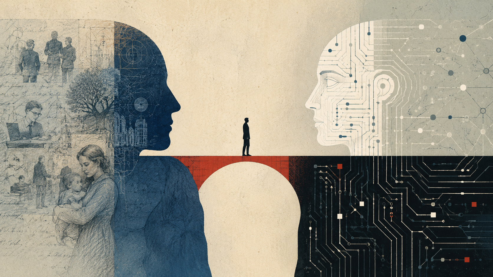 Editorial illustration representing Nicole Junkermann's view that artificial intelligence will increase the value of trust, judgement, empathy and human connection.