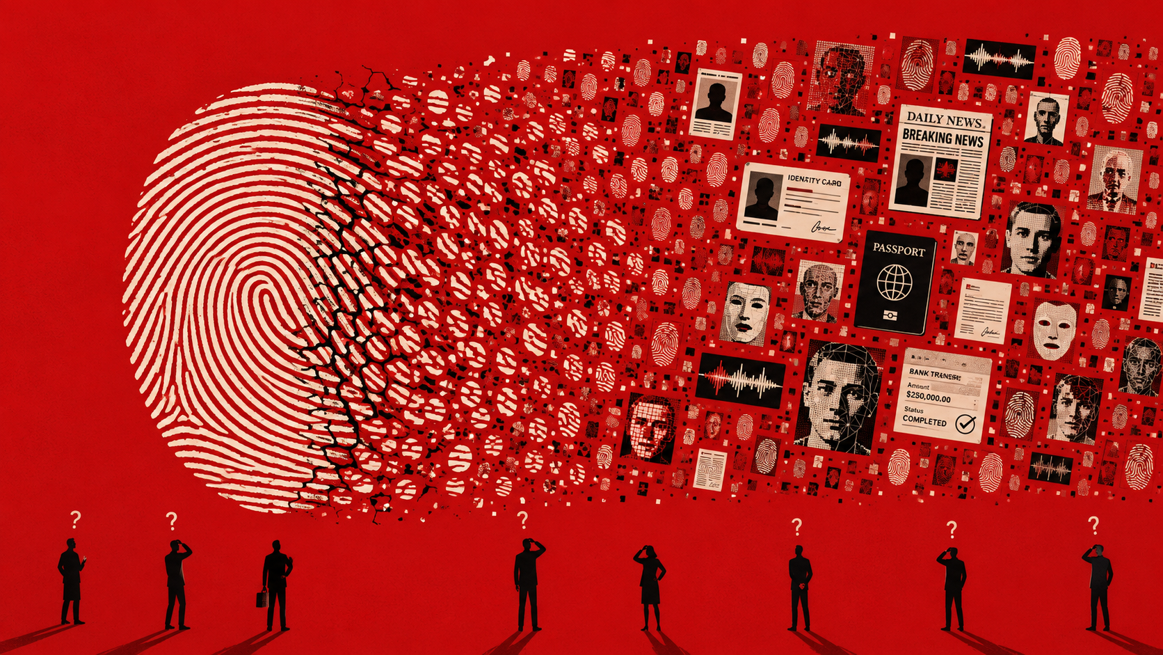 Editorial illustration showing a human fingerprint fragmenting into synthetic identities, fake documents and AI-generated content, representing the growing threat artificial intelligence poses to digital trust, cybersecurity and information integrity.