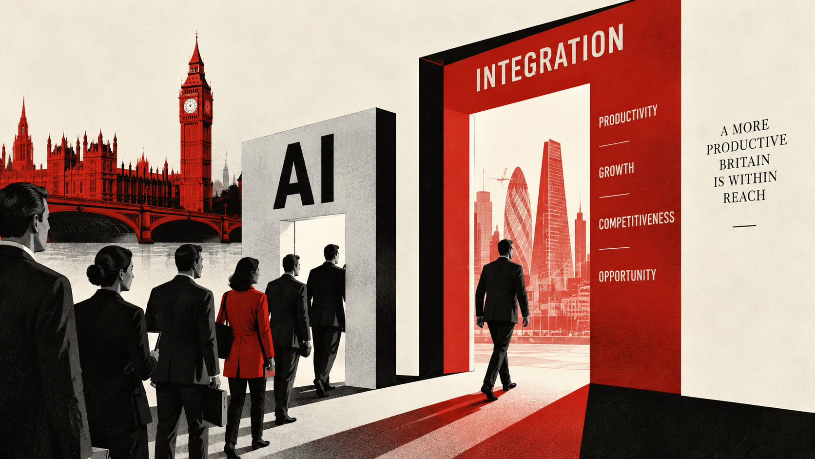 Illustration of AI integration in British business accompanying Nicole Junkermann’s analysis of UK productivity